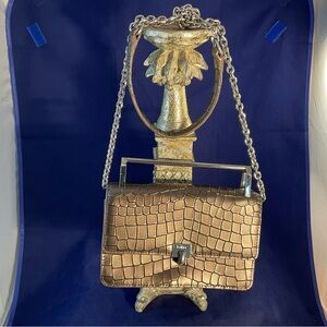 Botkier Metallic Croc-Embossed Leather Chain Crossbody Clutch Gunmetal